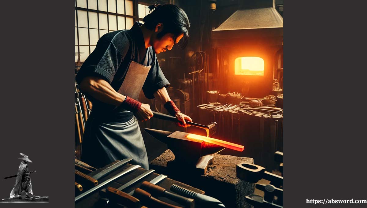 Here's a picture depicting a traditional Japanese swordsmith forging a katana in his workshop